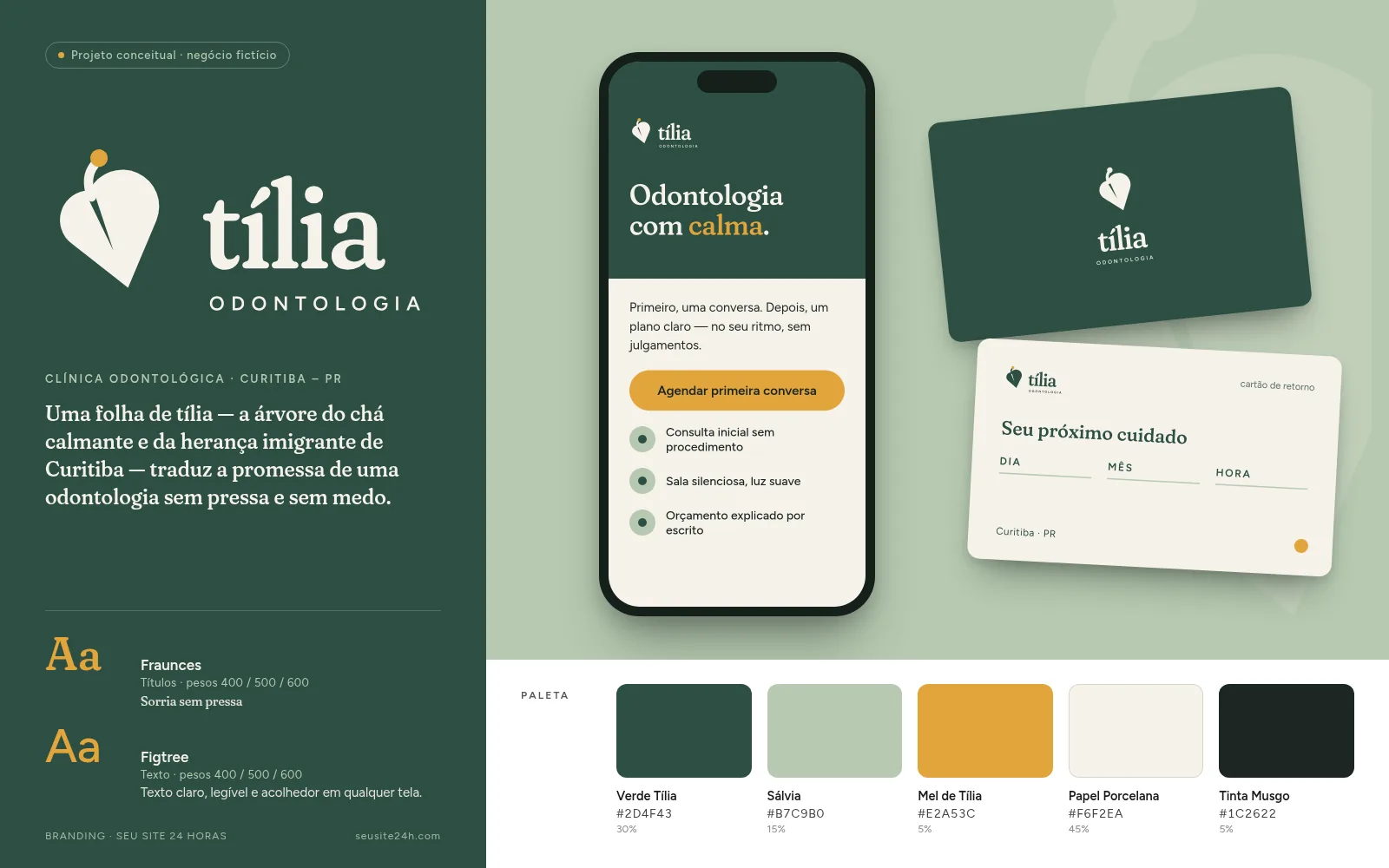 Projeto conceitual de branding para Tília Odontologia, negócio fictício