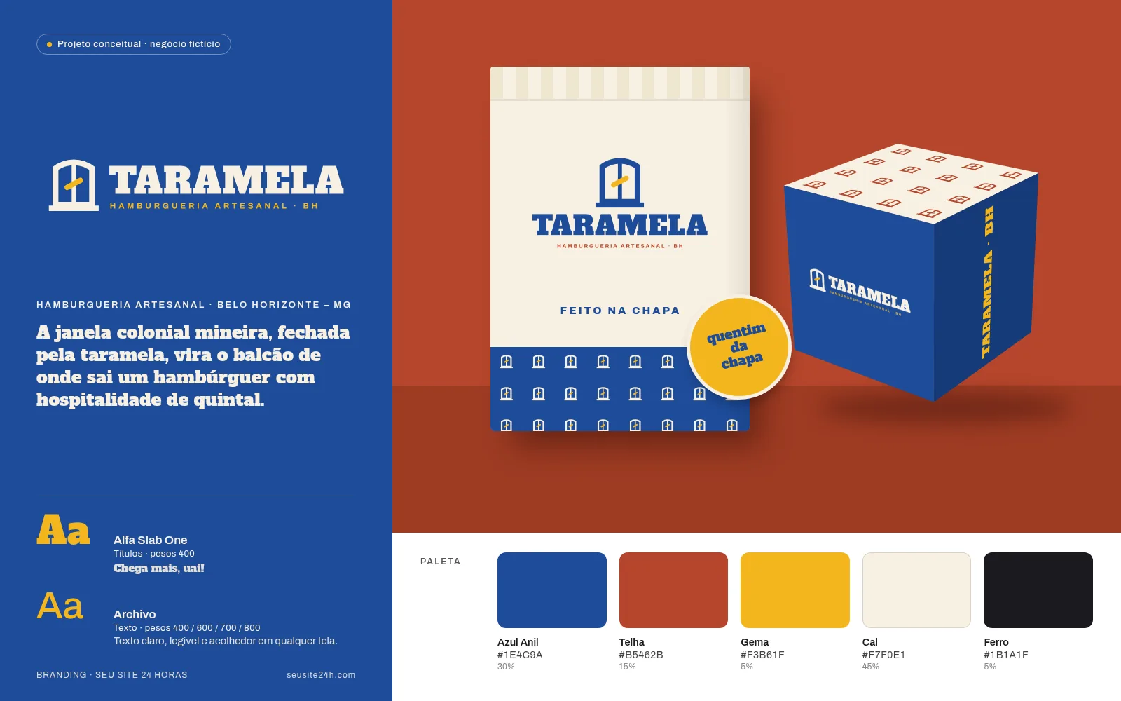 Projeto conceitual de branding para Taramela Hamburgueria, negócio fictício