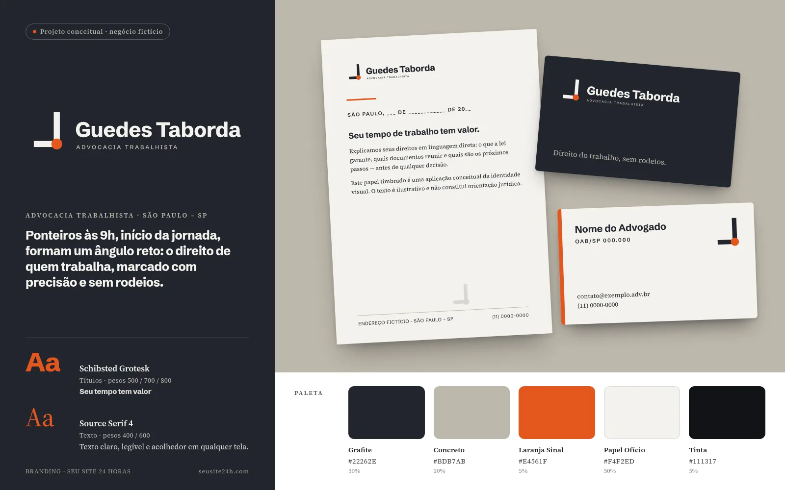 Projeto conceitual de branding para Guedes Taborda Advocacia Trabalhista, negócio fictício