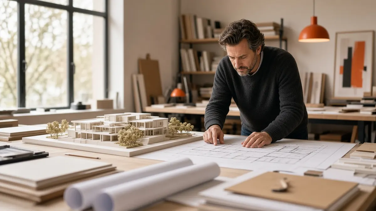 Arquiteto analisando plantas sobre a prancheta, ao lado de uma maquete de edifício em seu escritório