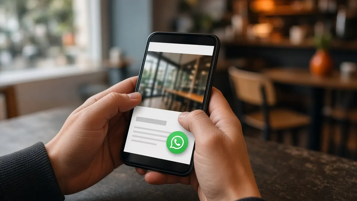Pessoa segurando o celular com a página de um profissional aberta e o botão do WhatsApp em destaque