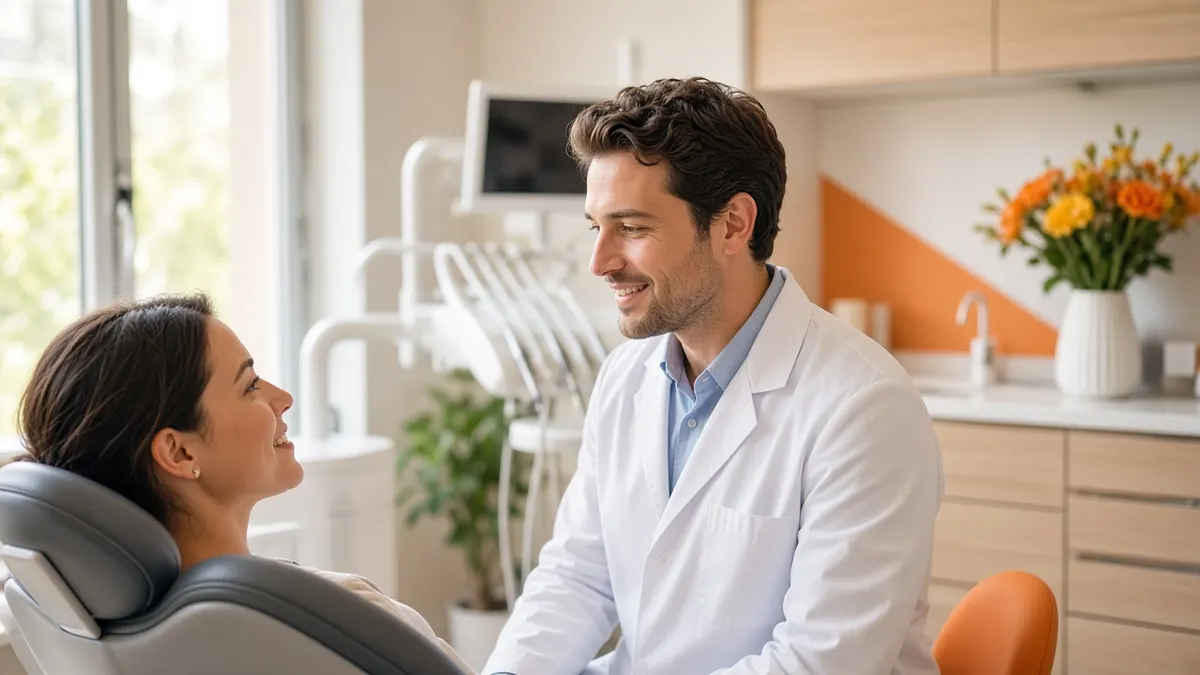 Dentista de jaleco branco conversando com uma paciente sentada na cadeira do consultório odontológico