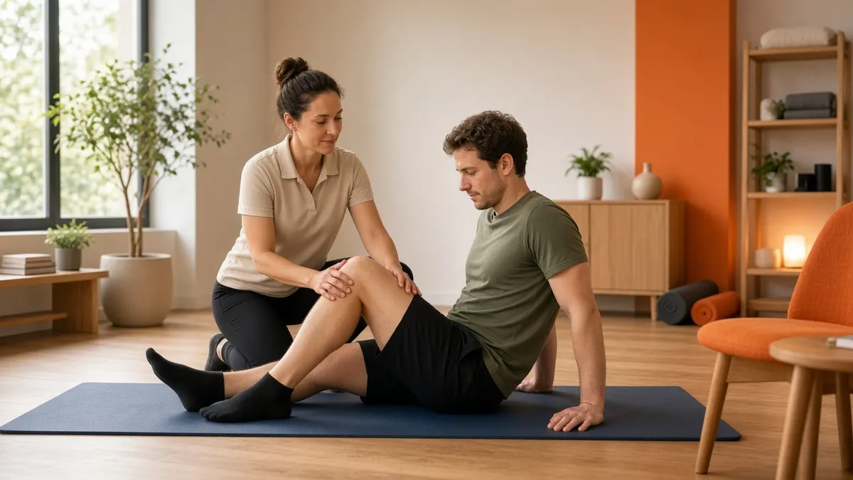 Fisioterapeuta orientando um paciente em exercício de reabilitação do joelho sobre um tapete