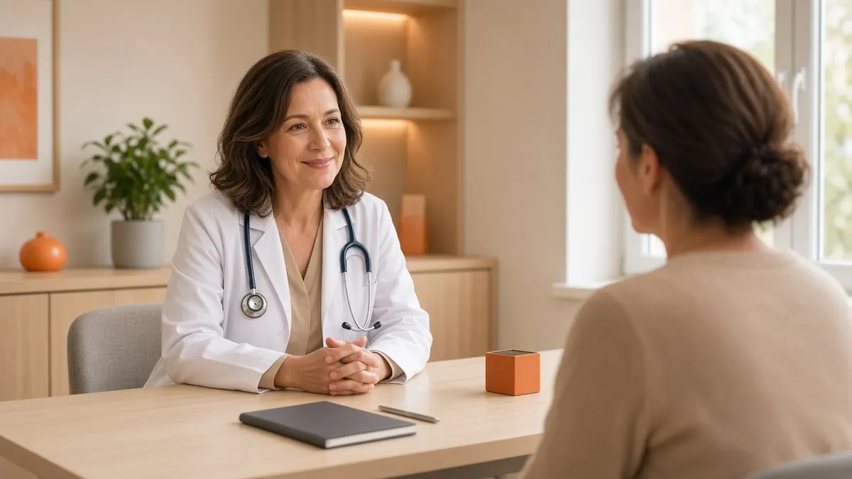 Médica com estetoscópio sorrindo durante consulta com uma paciente no consultório