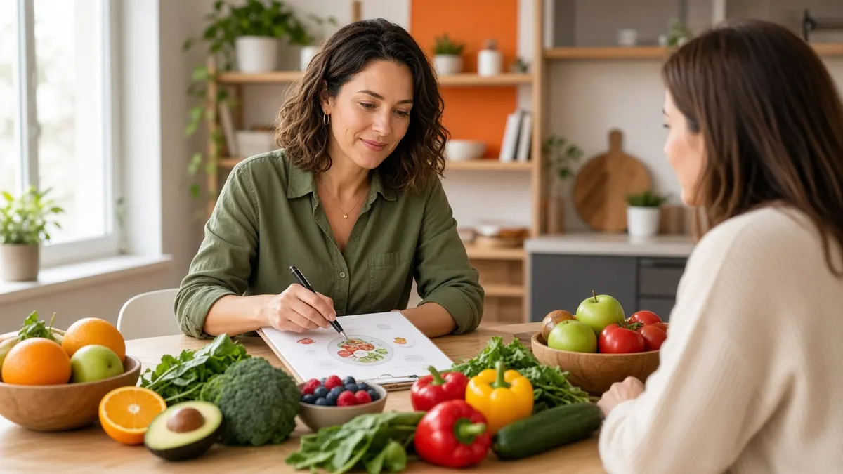 Nutricionista anotando um plano alimentar ao lado de uma paciente, com frutas e legumes frescos sobre a mesa