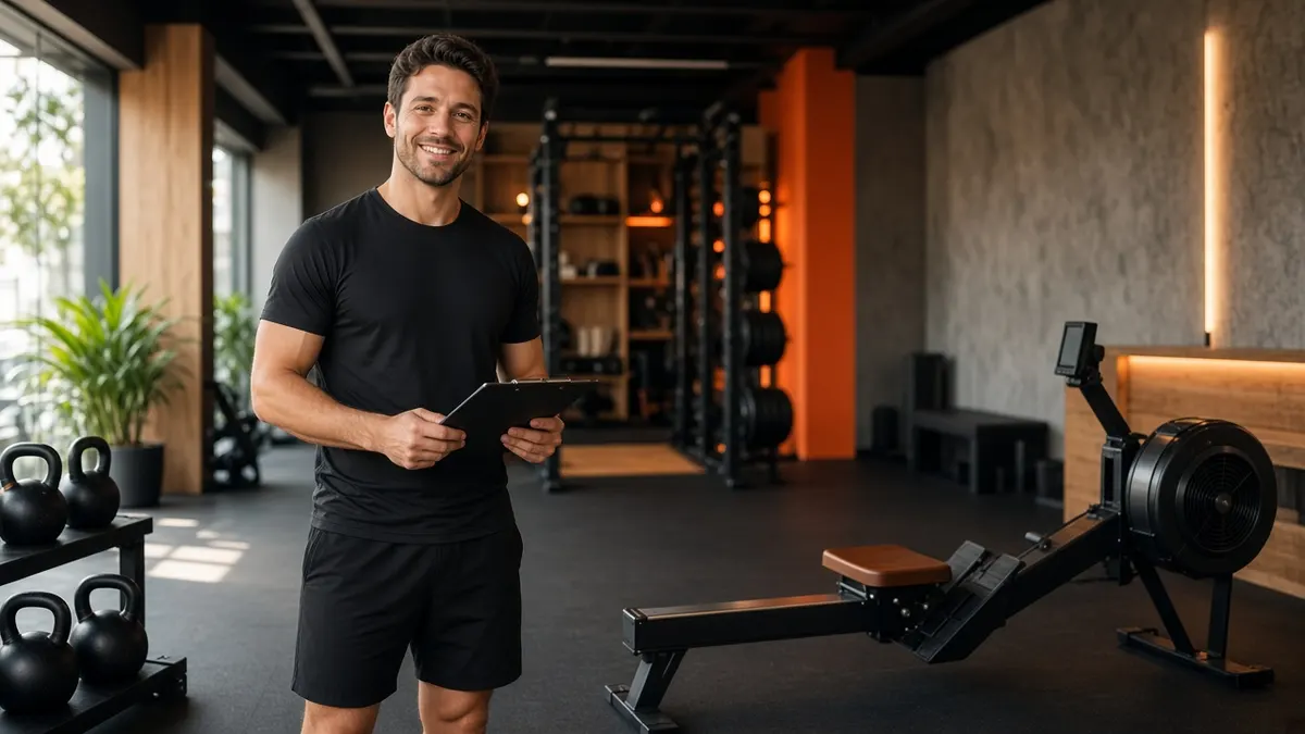 Personal trainer sorridente segurando um tablet em uma academia com kettlebells e remo ergômetro